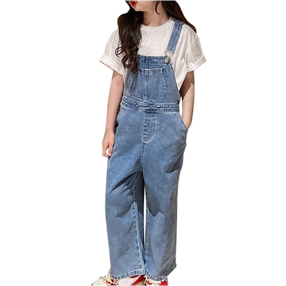 UACY Girls Denim Overalls Wide Leg Straight Jean Jumpsuit Pants Kids Casual Buttons Adjustable Strap Dungarees Bib Workwear (Light Blue, 9-10 Years)