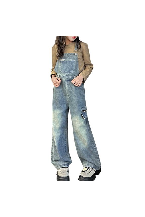Girls Denim Overalls with Adjustable Straps, Baggy Wide Leg Loose Fit Jean Jumpsuit Dungarees Pants Casual Preppy (Light Blue, 11-12 Years)