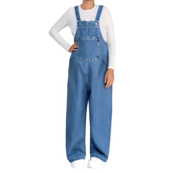 UACY Girls Denim Overalls with Fixed Straps, Vintage Non-adjustable Wide Leg Jean Jumpsuit Dungarees Baggy Casual Bib Overalls (Blue, 16-17 Years)