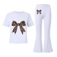 thumbnail image 1 of UACY Girls Fashion Clothes Leopard Bow 2 Piece Outfits Kids Cute Clothing Sets Short Sleeve T Shirt Matching Flare Pants Set (White, 5-6 Years), 1 of 5