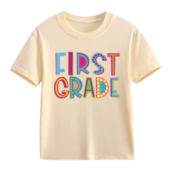 UACY Girls First Grade Back to School T Shirt Short Sleeve Crew Neck Cotton Casual Summer Graphic Tee (Light Yellow, 4-5 Years)