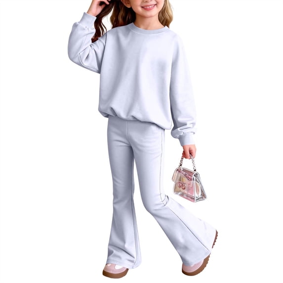 UACY Girls Fleece Pullover Oversized Sweatshirt and Flared Leg Pants Set, Elastic Waist Bell Bottom Pants Outfit (White, 7-8 Years)