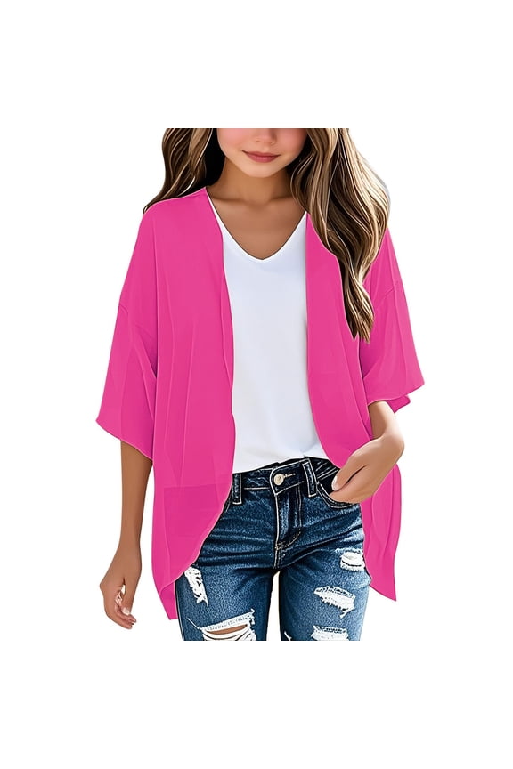 Girls Floral Print Puff Sleeve Kimono Cardigan Loose Swimsuit Beach Cover Up Casual Blouse Summer Tops Capes 