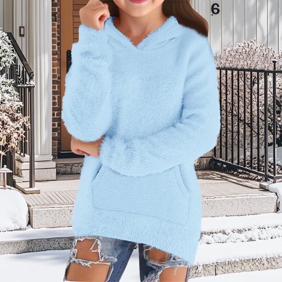 UACY Girls Fuzzy Fleece Sherpa Pullover Hoodie Sweatshirt V Neck Solid Color Fluffy Coat Pockets Cozy Warm Winter Outwear Kids Clothes (Light Blue, 7-8 Years)