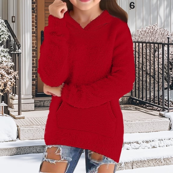 UACY Girls Fuzzy Fleece Sherpa Pullover Hoodie Sweatshirt V Neck Solid Color Fluffy Coat Pockets Cozy Warm Winter Outwear Kids Clothes (Red, 15-16 Years)