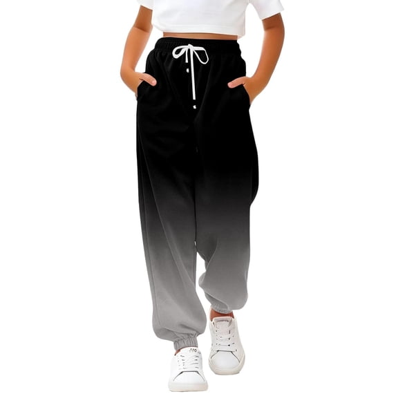UACY Girls Gradient Jogger Sweatpants Cuffed Hem Drawstring Casual Pants Trendy Loose Sweat Pants for Daily Streetwear Lounge (Black, 11-12 Years)