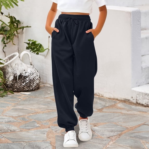 UACY Girls Jogger Sweatpants Cuffed Hem Drawstring Casual Pants with Pocket Comfy Soft Sweat Pants for Daily Lounge Streetwear (Navy, 13-14 Years)