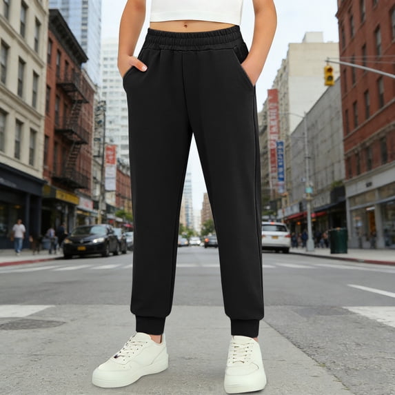 UACY Girls Jogger Sweatpants Cuffed Hem Elastic Waist Casual Pants with Side Pockets Comfy Loose Sweat Pants for Daily Athletic Wear (Black, 3-4 Years)