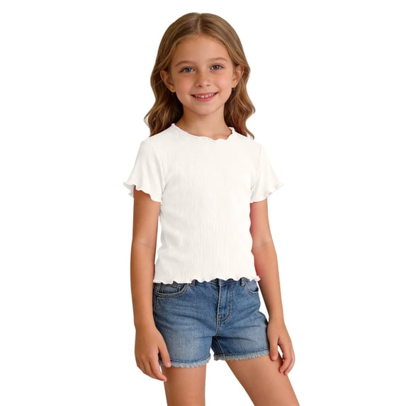 UACY Girls Lettuce Trim Short Sleeve Shirts Summer Ribbed Knit Crewneck Casual T Shirt Tops Tee Blouse