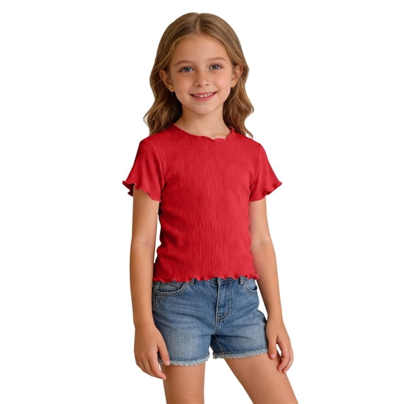 UACY Girls Lettuce Trim Short Sleeve Shirts Summer Ribbed Knit Crewneck Casual T Shirt Tops Tee Blouse
