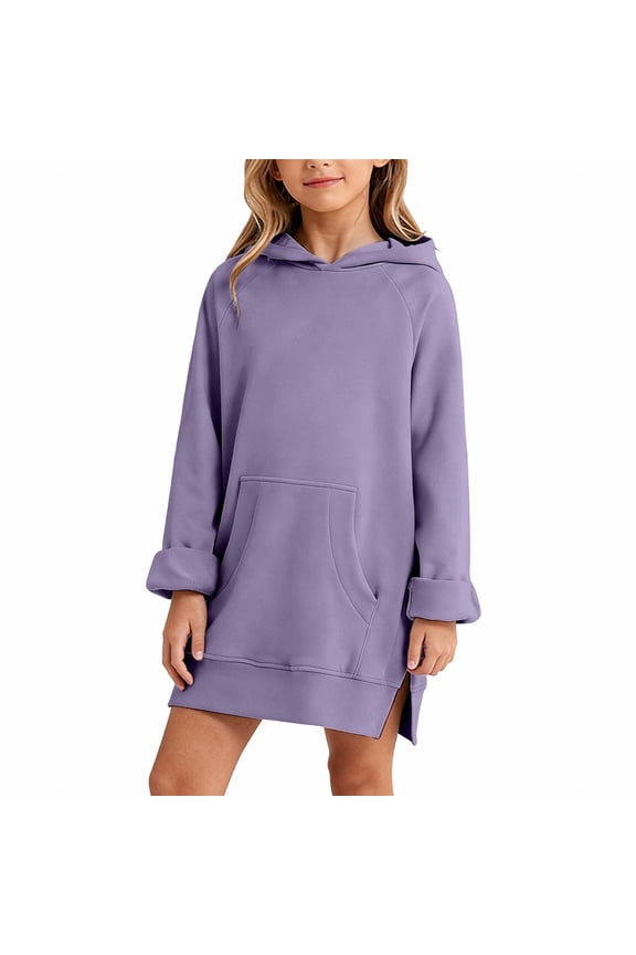 Girls Oversized Hoodie Dress Long Sleeve Hooded Sweatshirts Dress Cute Plain Pullover with Pockets (Purple, 7-8 Years)