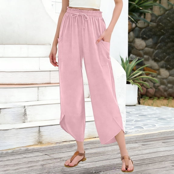 UACY Girls Pants Linen Summer Casual Capri Pant Drawstring Elastic High Waist Lounge Wide Leg Cropped Trouser with Pockets (Pink, 8-9 Years)