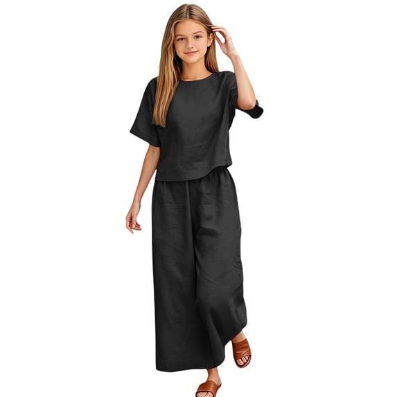 UACY Girls Pants Sets 2 Piece Outfits Casual Half Sleeve Tops with Wide Leg Palazzo Pants Summer Cropped Lounge Set (Black, 13-14 Years)