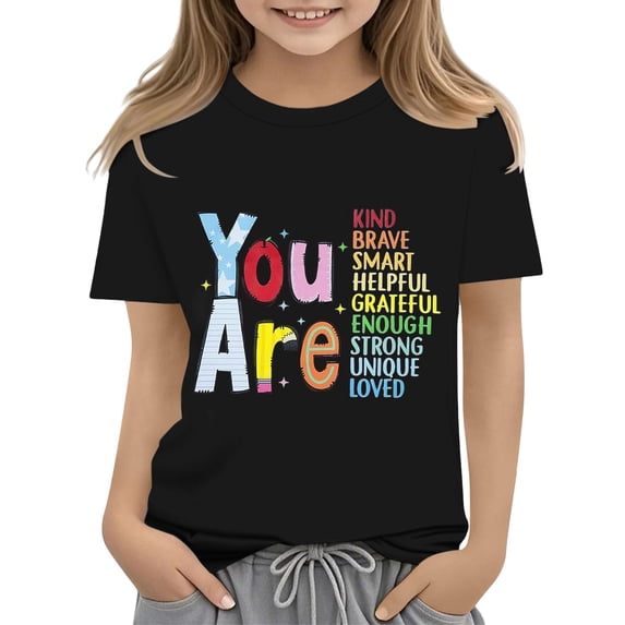 UACY Girls Positive Inspirational Letter T Shirt Short Sleeve Crew Neck Cotton Casual Summer Tee for Kids (Black, 3-4 Years)