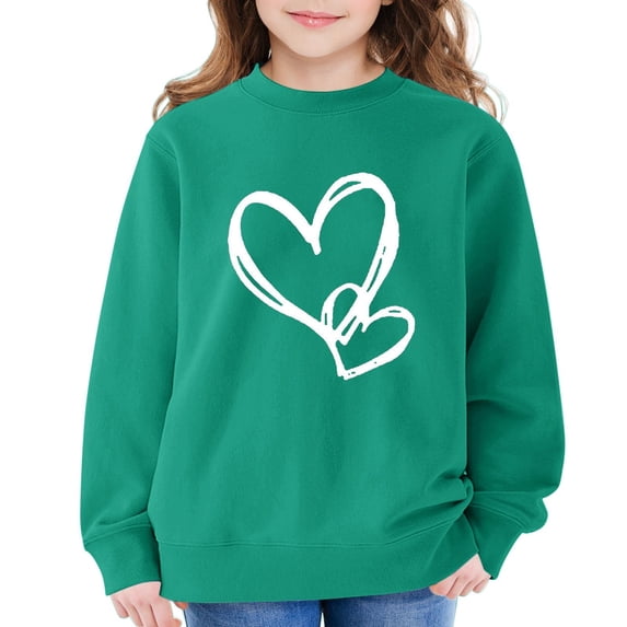 UACY Girls Preppy Heart Sweatshirts Cute Oversized Pullover Kid Valentines Day Graphic Crewneck Athletic Sweaters with Pocket (Blackish Green, 13-14 Years)