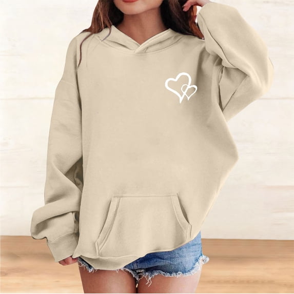 UACY Girls Preppy Heart Sweatshirts Oversized Pullover Sweatshirt Kids Fall Winter Long Sleeve Cute Prints Trendy Hoodies (Beige, 7-8 Years)