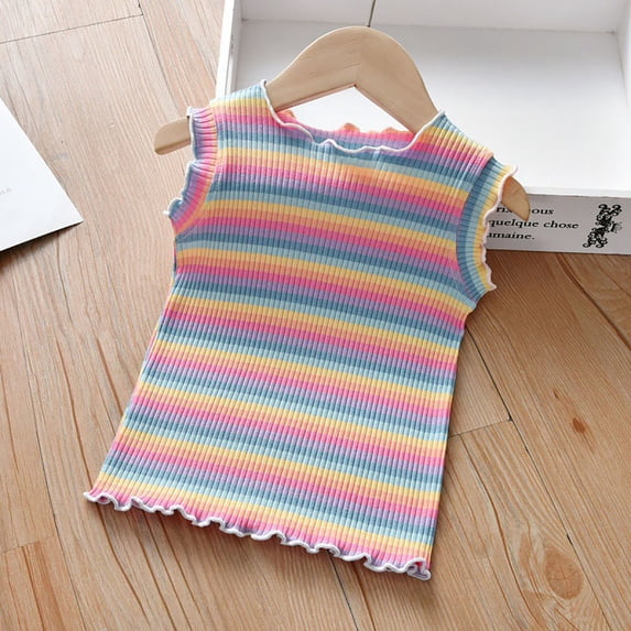 UACY Girls' Ribbed Tank Tops Rainbow Striped Sleeveless Cotton Tees Casual Summer Outfits Cute Ruffle Hight Neck Cami Shirt (A, 6-7 Years)