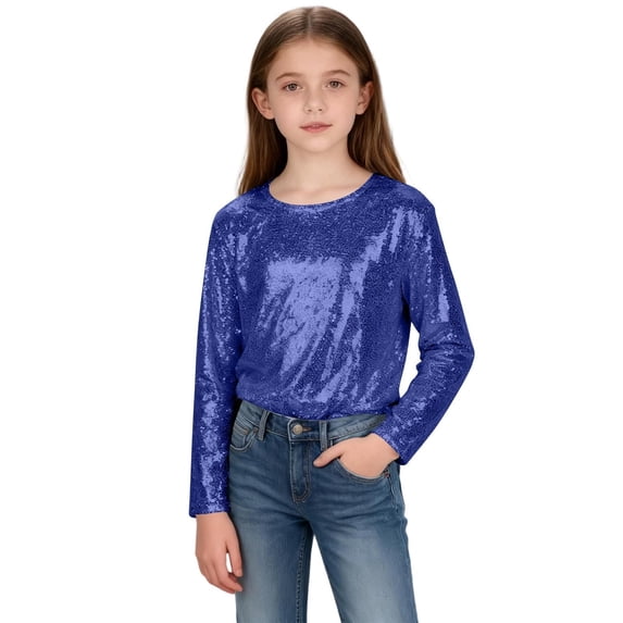 UACY Girls Sequins Shirt Long Sleeve Crew Neck Plain Sparkle Tops Kids Toddler School Casual Soft T Shirt Pullover Clothes (Blue, 14-15 Years)