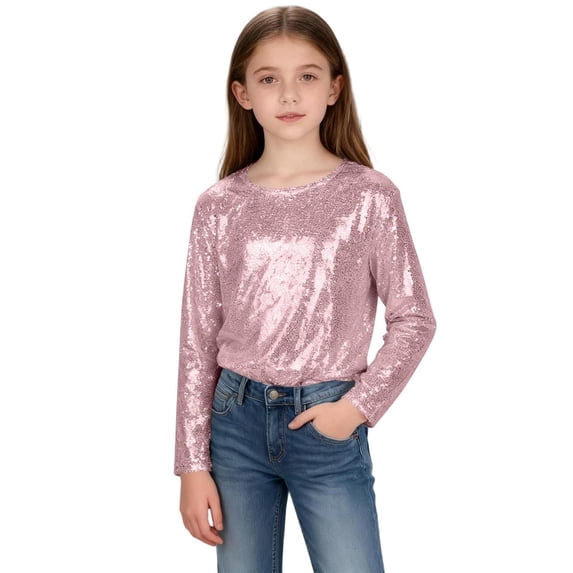 UACY Girls Sequins Shirt Long Sleeve Crew Neck Plain Sparkle Tops Kids Toddler School Casual Soft T Shirt Pullover Clothes (Pink, 9-10 Years)