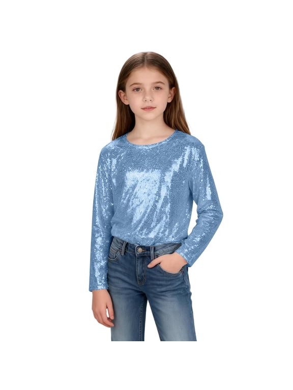 Girls Sequins Shirt Long Sleeve Crew Neck Plain Sparkle Tops Kids Toddler School Casual Soft T Shirt Pullover Clothes (Sky Blue, 5-6 Years)