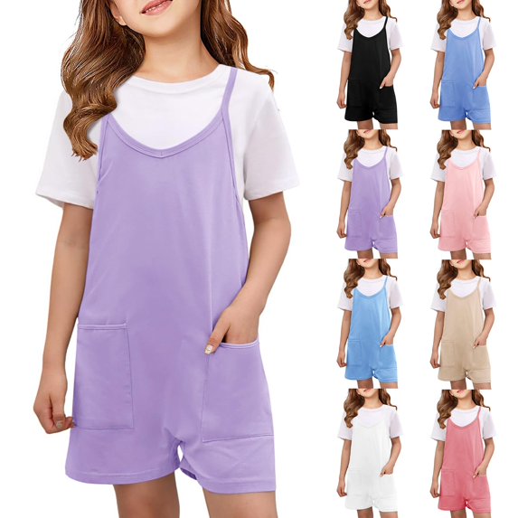 UACY Girls Summer Romper with Adjustable Straps, Sleeveless Loose Casual Jumpsuit Overalls Shorts Pants with Pockets (Purple, 7-8 Years)