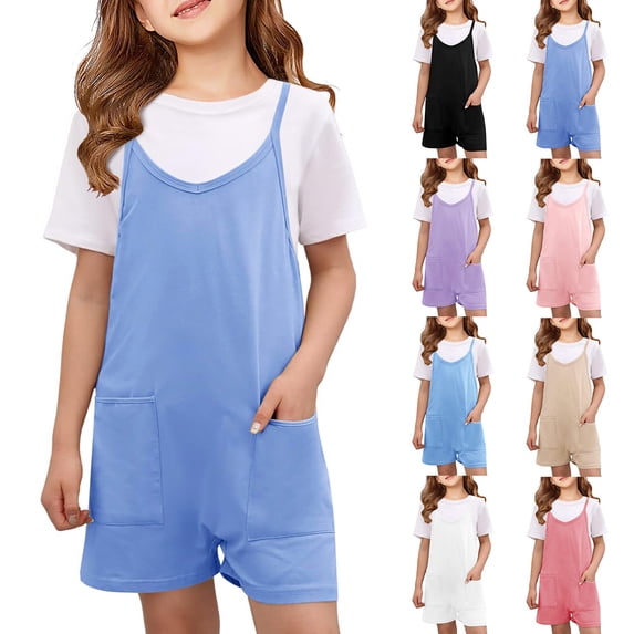 UACY Girls Summer Romper with Adjustable Straps, Sleeveless Loose Casual Jumpsuit Overalls Shorts Pants with Pockets (Sky Blue, 7-8 Years)
