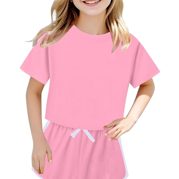 UACY Girls Summer Shorts Set, 2-Piece Outfit with Crop Top and Elastic Waist Shorts, Casual Activewear for Kids and Teens (Pink, 11-12 Years)