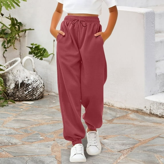 UACY Girls Sweatpants Baggy High Waisted Cinch Bottom Joggers Fall Fashion Drawstring Athletic Track Pant with Pocket (Brick Red, 3-4 Years)