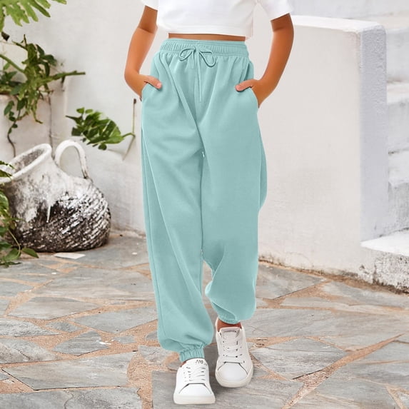 UACY Girls Sweatpants Baggy High Waisted Cinch Bottom Joggers Fall Fashion Drawstring Athletic Track Pant with Pocket (Light Blue, 3-4 Years)