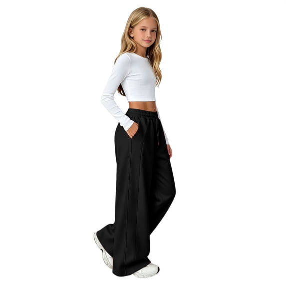 UACY Girls Sweatpants Wide Leg Drawstring Baggy Kids Pants Open Bottom Casual Loose Teen Joggers with Pockets (Black, 13-14 Years)