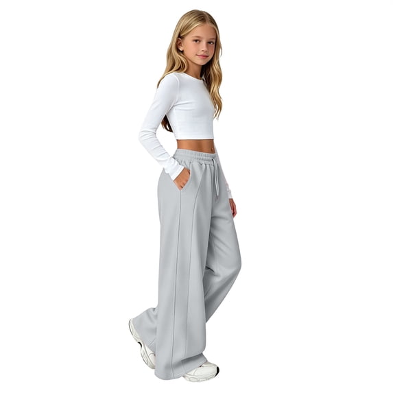UACY Girls Sweatpants Wide Leg Drawstring Baggy Kids Pants Open Bottom Casual Loose Teen Joggers with Pockets (Grey, 7-8 Years)
