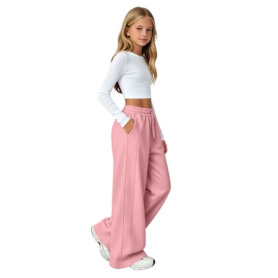 UACY Girls Sweatpants Wide Leg Drawstring Baggy Kids Pants Open Bottom Casual Loose Teen Joggers with Pockets (Pink, 11-12 Years)