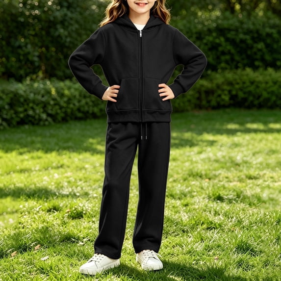 UACY Girls Tracksuit Set, Solid Full Zip Hoodie & Wide Leg Sweatpants 2 Piece Sweatsuit, Teen Girls Casual Plain Hooded Sportswear Outfit (Black, 5-6 Years)