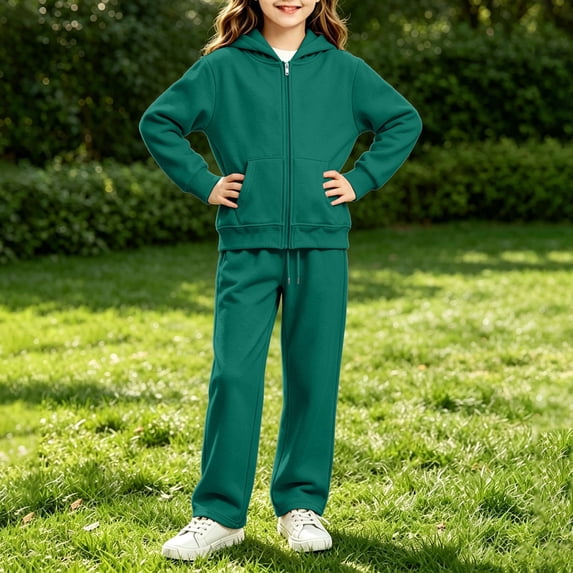 UACY Girls Tracksuit Set, Solid Full Zip Hoodie & Wide Leg Sweatpants 2 Piece Sweatsuit, Teen Girls Casual Plain Hooded Sportswear Outfit (Blackish Green, 11-12 Years)