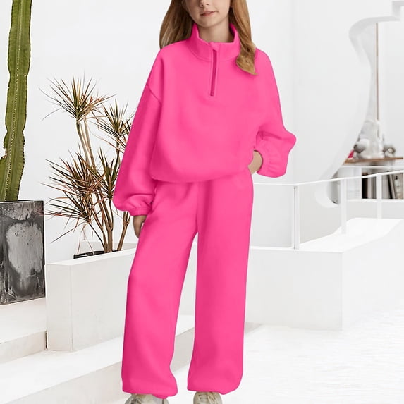 UACY Girls Tracksuit Set, Solid Half Zip Stand Collar Sweatshirt & Wide Leg Sweatpants 2 Piece Sweatsuit, Teen Girls Casual Long Sleeve Sportswear Outfit (Hot Pink, 10-11 Years)