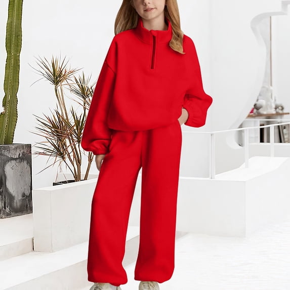 UACY Girls Tracksuit Set, Solid Half Zip Stand Collar Sweatshirt & Wide Leg Sweatpants 2 Piece Sweatsuit, Teen Girls Casual Long Sleeve Sportswear Outfit (Red, 10-11 Years)