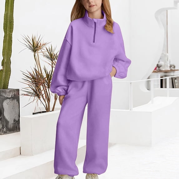 UACY Girls Tracksuit Set, Solid Half Zip Stand Collar Sweatshirt & Wide Leg Sweatpants 2 Piece Sweatsuit, Teen Girls Casual Long Sleeve Sportswear Outfit (Purple, 10-11 Years)