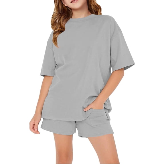 UACY Girls Two-Piece Set, Short Sleeve T-Shirt and Elastic Waist Drawstring Shorts with Pockets, Summer Outfit (Grey, 12-13 Years)