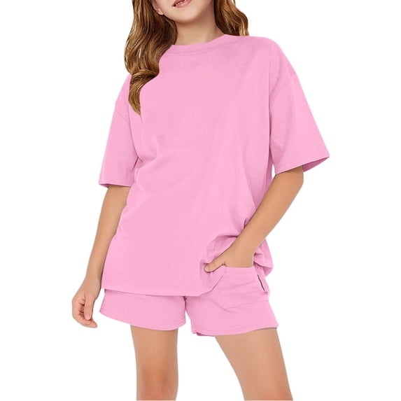 UACY Girls Two-Piece Set, Short Sleeve T-Shirt and Elastic Waist Drawstring Shorts with Pockets, Summer Outfit (Pink, 9-10 Years)
