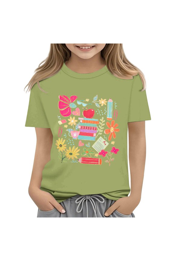 Girls Watercolor School Stationery Graphic T Shirt Short Sleeve Crew Neck Cotton Casual Tee for Kids (Light Green, 3-4 Years)