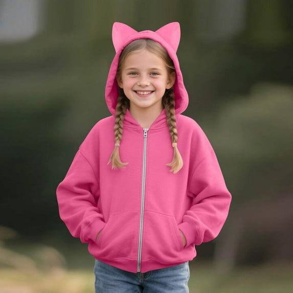 UACY Girls Zip Up Hoodies Fall Cute Cat Ear Oversize Hoodie Jackets Casual Long Sleeve Hood Sweatshirt Coat (Hot Pink, 7-8 Years)
