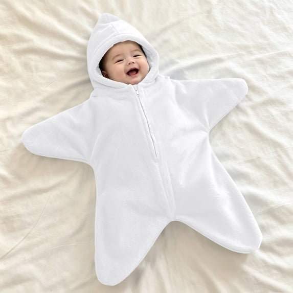 UACY Infant Boys Girls Star Shaped Hooded Jumpsuit Plush Wrap Romper, Soft Zip Up Outfit for Newborn Baby Lounging Baby Shower Gift (White, 9-12 Months)