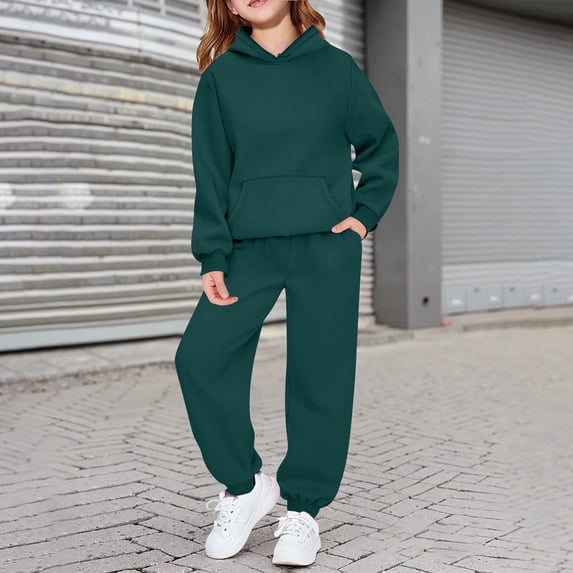UACY Kids 2 Piece Tracksuit Outfit - Hooded Sweatshirt and Jogger Sweatpants with Pocket, Boys Girls Athletic Clothing Set (Blackish Green, 9-10 Years)