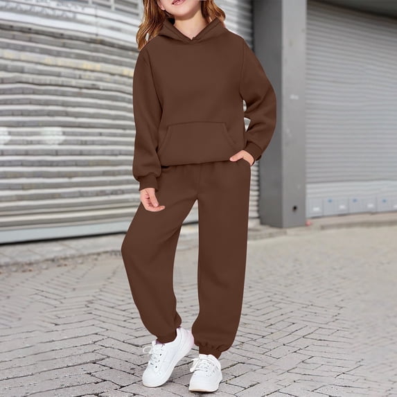 UACY Kids 2 Piece Tracksuit Outfit - Hooded Sweatshirt and Jogger Sweatpants with Pocket, Boys Girls Athletic Clothing Set (Brown, 13-14 Years)