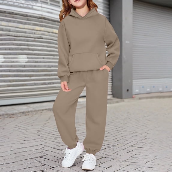 UACY Kids 2 Piece Tracksuit Outfit - Hooded Sweatshirt and Jogger Sweatpants with Pocket, Boys Girls Athletic Clothing Set (Coffee, 13-14 Years)