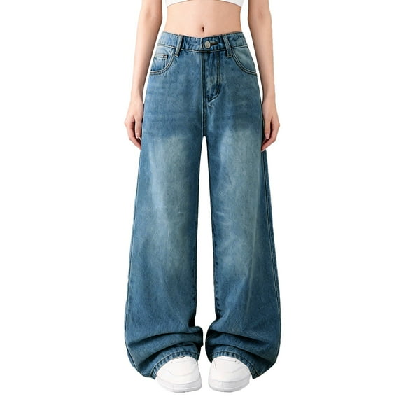 UACY Kids Baggy Jeans for Boys Girls Wide Leg Vintage Wash Denim Pants High Elastic Waist Y2K Casual Cargo Pocket Trousers (Blue, 15-16 Years)
