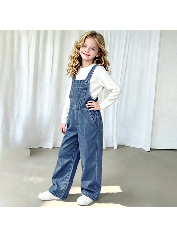 Kids Boys Girls Denim Overalls Jumpsuit Adjustable Strap Long Pants, Classic Fit One Piece Outfit with Pockets for Daily Casual Outdoor Wear (Blue, 7-8 Years)