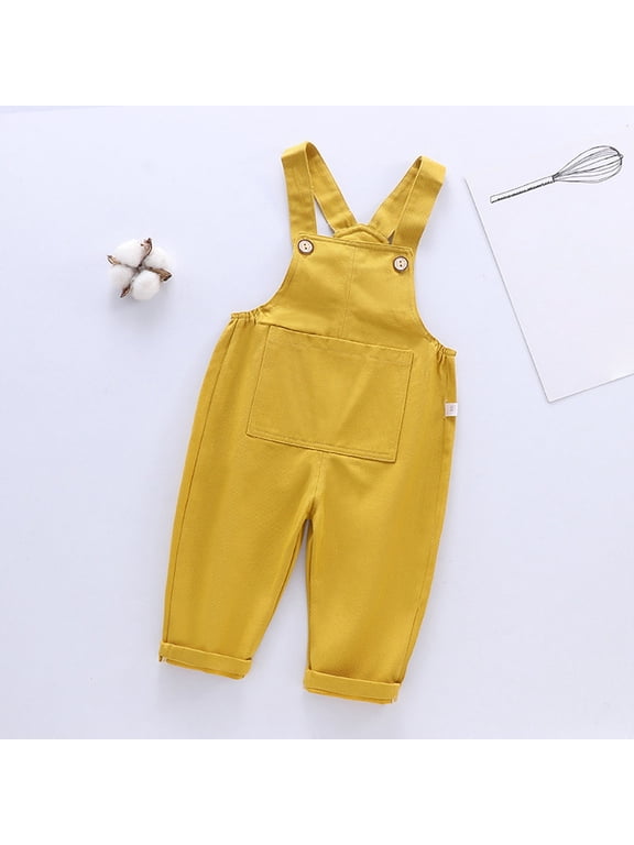 Kids Boys Girls Denim Overalls Jumpsuit Long Pants, Classic Fit One Piece Outfit with Pockets for Daily Casual Outdoor Wear (Yellow, 12-18 Months)