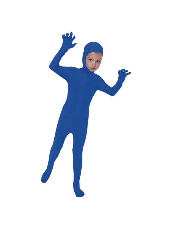 Kids Boys Girls Full Body Bodysuit Hooded Long Sleeve Unitard, Stretchy Footed Gloved One Piece Outfit for Dress Up Performance (Blue, 7-8 Years)