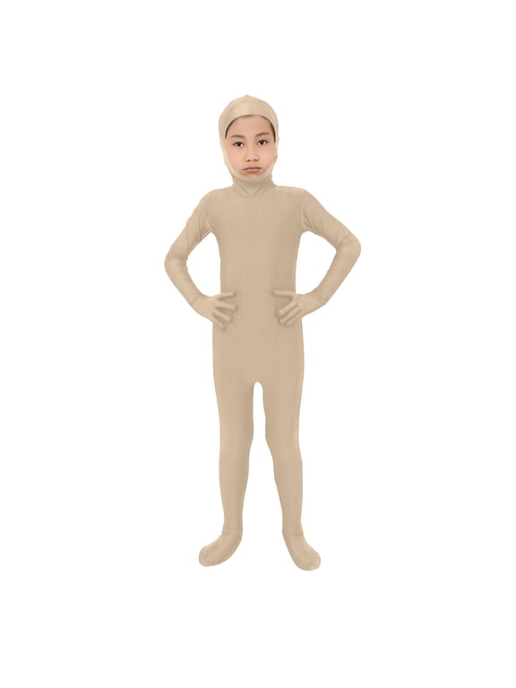 Kids Boys Girls Full Body Unitard Hooded Long Sleeve Bodysuit, Stretchy Footed Gloved One Piece Outfit for Dance Performance Dress Up (Beige, 7-10 Years)